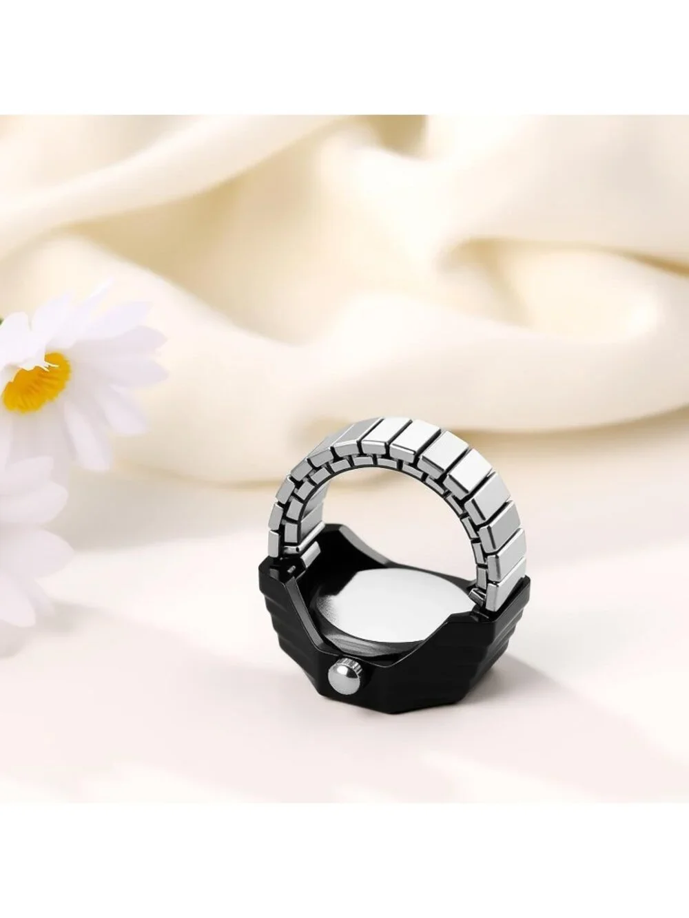 Unisex Black Analog Quartz Stretchy Elastic Band Octagon Dial Finger Ring Watch